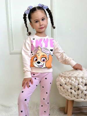 Yağmur Giyim Paw Petrol Desenli Pembe Fitilli Taytlı 2 Ip  Pamuk Kız Çocuk Takımı 3-10 Yaş 7214-P