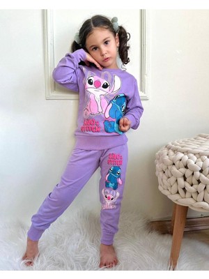 Yağmur Giyim Lilo Stıtch Desenli Lila 2 Ip  Pamuk Kız Çocuk Eşofman Takımı 3-10 Yaş 7292-L
