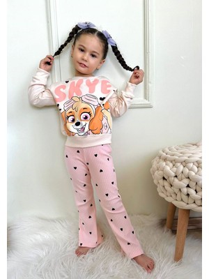 Yağmur Giyim Paw Petrol Desenli Pudra Fitilli Taytlı 2 Ip  Pamuk Kız Çocuk Takımı 3-10 Yaş 7214-PU