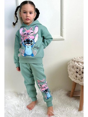 Yağmur Giyim Sttıch Desenli Yeşil 3 Ip Şardonlu Kapşonlu  Pamuk Kız Çocuk Eşofman Takımı 3-10 Yaş 7335-Y