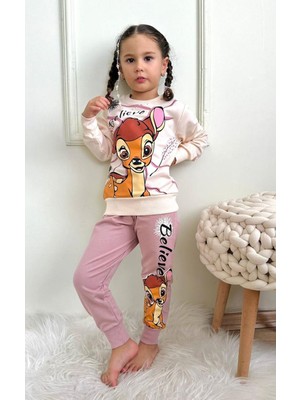 Yağmur Giyim Bambi Desenli Gül Kurusu 2 Ip  Pamuk Kız Çocuk Eşofman Takımı 3-10 Yaş 7282-GK