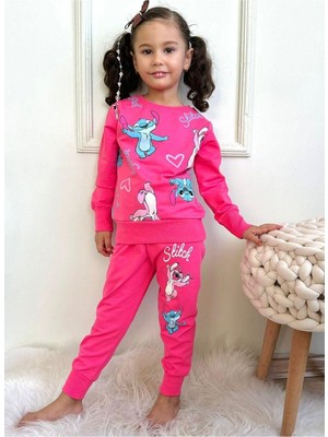 Yağmur Giyim Stitch Desenli Fuşya 2 Ip  Pamuk Kız Çocuk Eşofman Takımı 3-10 Yaş 7317-F