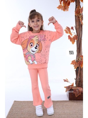 Yağmur Giyim Paw Petrol Desenli Pudra Fitilli Taytlı 2 Ip  Pamuk Kız Çocuk Takımı 3-10 Yaş 7263-PU