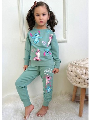 Yağmur Giyim Stitch Desenli Yeşil 2 Ip  Pamuk Kız Çocuk Eşofman Takımı 3-10 Yaş 7317-Y