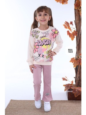 Yağmur Giyim Love Sweat Desenli Gül Kurusu Fitilli Taytlı 2 Ip  Pamuk Kız Çocuk Takımı 3-10 Yaş 7223-GK