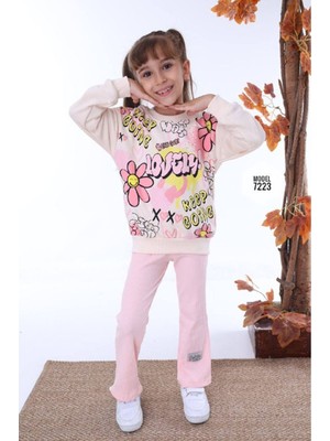 Yağmur Giyim Love Sweat Desenli Pembe Fitilli Taytlı 2 Ip  Pamuk Kız Çocuk Takımı 3-10 Yaş 7223-P