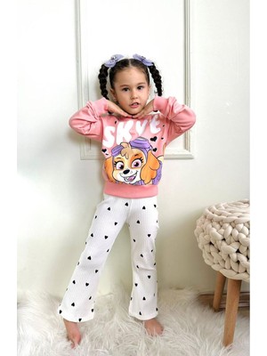 Yağmur Giyim Paw Petrol Desenli Somon Fitilli Taytlı 2 Ip  Pamuk Kız Çocuk Takımı 3-10 Yaş 7214-S