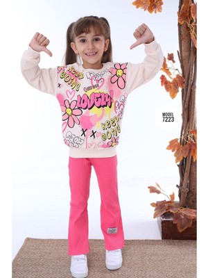 Yağmur Giyim Love Sweat Desenli Fuşya Fitilli Taytlı 2 Ip  Pamuk Kız Çocuk Takımı 3-10 Yaş 7223-F