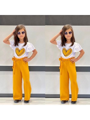 Yağmur Giyim Kalp Desenli Croplu Kumaş Pantolonlu Kız Takım Hardal 3-10 Yaş 7050-H