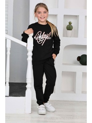 Yağmur Giyim Relax Desenli Siyah 2 Ip  Pamuk Kız Çocuk Eşofman Takımı 5-14 Yaş 7267-S
