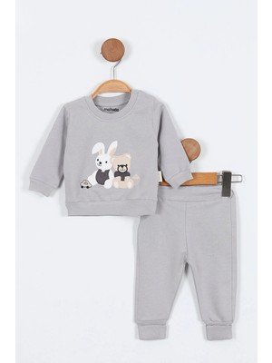 Tavşan Desenli Uzun Kollu Sweatshirt Pamuklu  Erkek Bebek Alt Ust Takım Erkek Bebek Ikili Takım 2 Li
