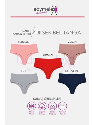 Ladymelex Kadın Tanga, 5'li Paket, Yüksek Bel Tanga, Lacivert Gri Vizon Somon Bordo, %100 Rahat Kumaş