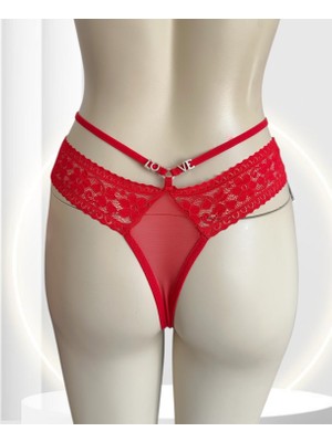 Intive Lingerie Intive Beli Şeritli Arkası Love Yazılı Dantelli Kırmızı Transparan Tanga -2947