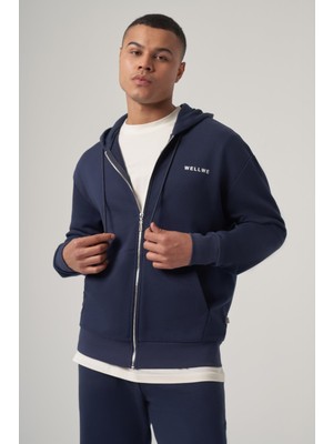 Thun Lacivert Baskı Detaylı, Fermuarlı, Kapüşonlu Oversize Sweatshirt