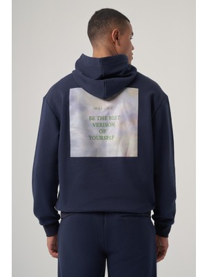 Jule Lacivert Oversize Baskılı Hoodie