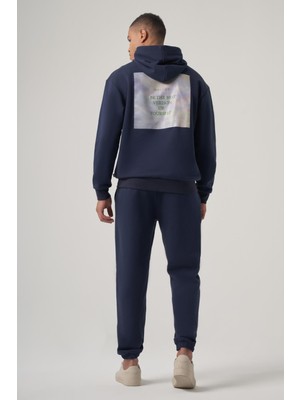 Jule Lacivert Oversize Baskılı Hoodie