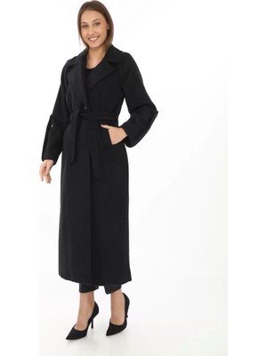 Kadın Kolu Apoletli Astarlı Kaşmir Kaşe Kaban - Siyah