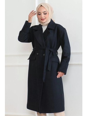 Kadın Düğmeli Içi Astarlı Kaşmir Kaşe Kaban - Füme