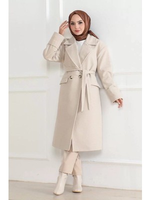 Kadın Düğmeli Içi Astarlı Kaşmir Kaşe Kaban - Bej