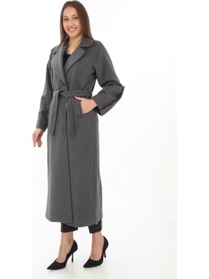 Kadın Kolu Apoletli Astarlı Kaşmir Kaşe Kaban - Füme