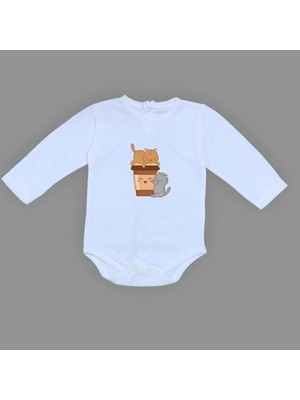 Mnk Baby & Kids Baskılı Kahve Seven Kediler Bebek Çıtçıtlı Body - MNK0659-MAVİ-2 Yaş