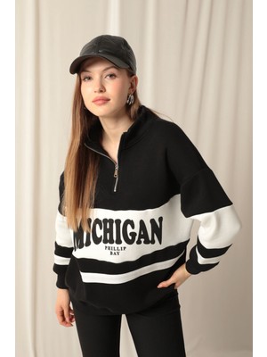 Üç Iplik Michigan Baskılı Fermuarlı Kadın Siyah Sweat