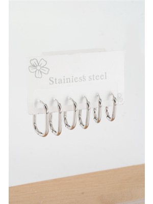 Kadın 316 L Çelik Anti Alerjenik  Dikdörgen Model 3 Boy 1.8cm / 2.2 cm /2.5 cm Klipsli 6'lı Set Küpe