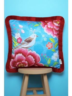 Alseko Concept Kırmızı Püsküllü, Blue Bird Theme Desen 43 x 43 cm  Kare Kırlent Kılıfı