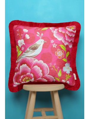 Alseko Concept Kırmızı Püsküllü, Pink Bird Theme Desen 43 x 43 cm  Kare Kırlent Kılıfı