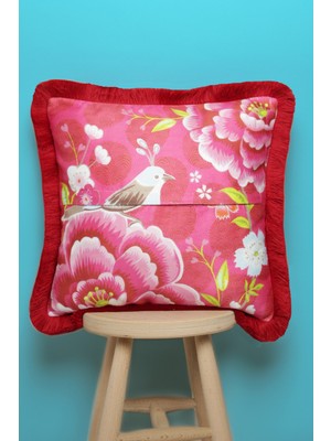 Alseko Concept Kırmızı Püsküllü, Pink Bird Theme Desen 43 x 43 cm  Kare Kırlent Kılıfı