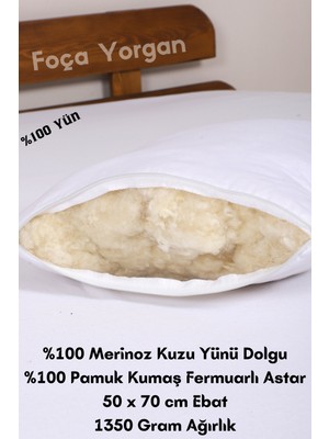 Foçatex %100 Doğal Merinos Kuzu Yünü Dolgulu Kokusuz Yıkanabilir Yün Yastık (50 x 70 cm Ebat - 1350 gr)