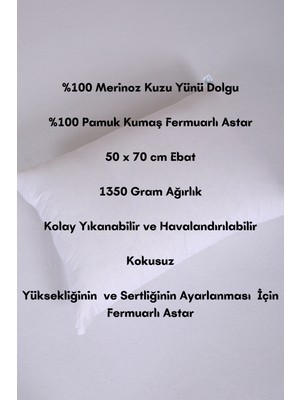 Foçatex %100 Doğal Merinos Kuzu Yünü Dolgulu Kokusuz Yıkanabilir Yün Yastık (50 x 70 cm Ebat - 1350 gr)