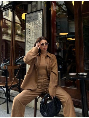 Passense Süet Gömlek Palazzo Pantolon Ikili Takım - Kahve