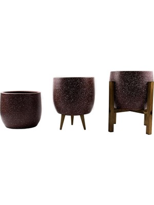 Store Tasarımı Ev Dekorasyon Aksesuar Bordo Granit Toprak Saksı Saksılık Salon Çiçeklik Üçlü Set- 19  cm