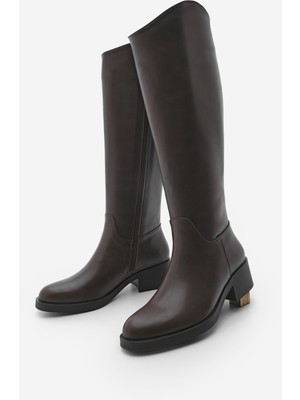 Marjin Kadın Dizaltı Fermuarlı Suni Deri Çizme Kalın Topuklu Şık Tasarım