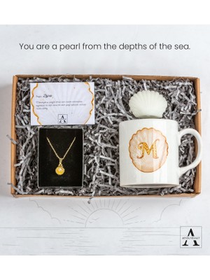 Kişiye Özel Harfli Porselen Kupa - Inci Kolye - Istiridye Mum Hediye Seti