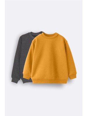 Zuzunga 2'li Basic Şardonlu Çocuk Sweatshirt 3-10 Yaş Hardal-Antrasit