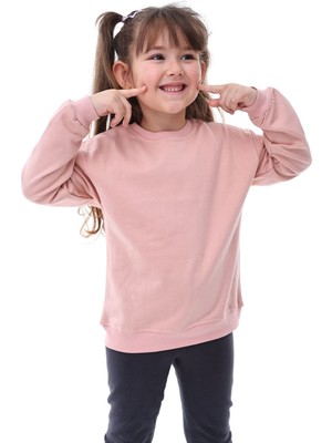 Zuzunga Basic Bisiklet Yaka Şardonlu Çocuk Sweatshirt 3-10 Yaş Pudra