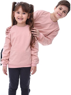 Zuzunga Basic Bisiklet Yaka Şardonlu Çocuk Sweatshirt 3-10 Yaş Pudra