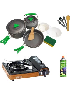 Orcamp Tekli Portatif Ocak Turuncu+1 Adet Kartuş KTS-227+3 Parça Tencere Seti+Çatal-Kaşık-Bıçak Sarı ORC-012-D2