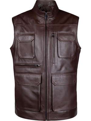 Tamer Tanca Erkek Deri Kahverengi Yelek Deri Mont 415 Safarı Erk Dr Yelek SK24/25 Cay Naturel