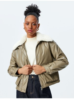 Koton Çıkarılabilir Suni Kürk Yakalı Suni Deri Bomber Mont