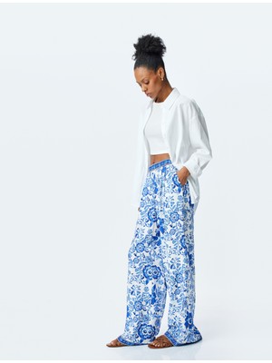 Koton Çiçekli Yüksek Bel Geniş Paça Viskon Pantolon