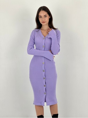 Düğmeli Button Triko Kadın Kazak Hırka Elbise Women Knitwear Dress