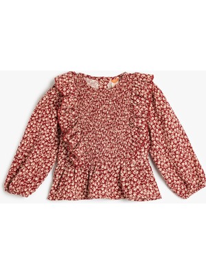 Koton Çiçekli Bluz Uzun Kollu Bisiklet Yaka Fırfır Detaylı Pamuklu