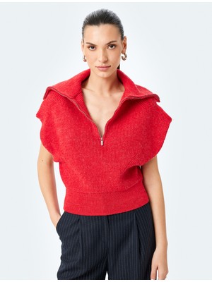 Koton Yün Karışımlı Yarım Fermuar Detaylı Kolsuz Dik Yaka Süveter