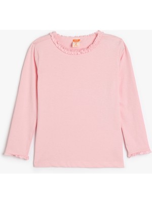 Koton Basic Uzun Kollu Fırfır Detaylı Pamuklu T-Shirt Kız Çocuk İçin Bisiklet Yaka