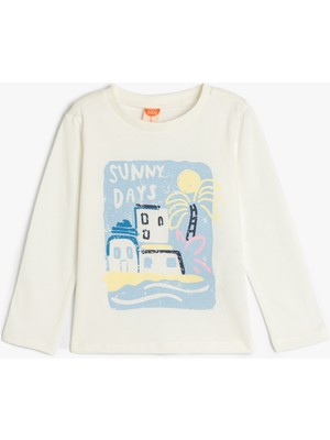 Koton T-Shirt Uzun Kollu Bisiklet Yaka Baskı Detaylı Pamuklu