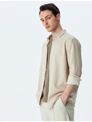 Koton Düğmeli Yaka Uzun Kollu Pamuk Karışımlı Klasik Slim Fit Gömlek