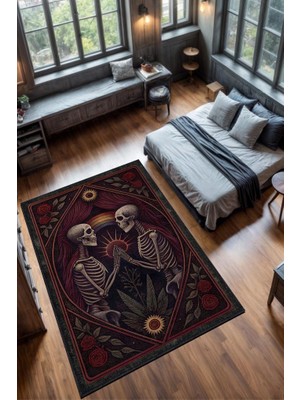 Homshtag Gökkuşağı ve Iskelet Temalı Halı Koyu Renkli Retro Oturma Odası Halısı Iskelet Figürlü Halı